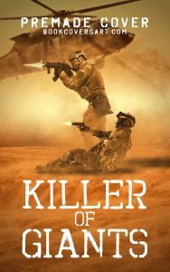 Military thriller cover for sale with soldiers in desert firefight and helicopter in background