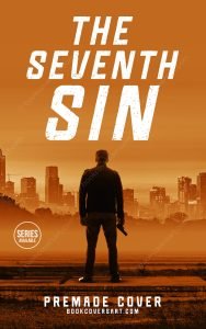 Urban thriller book cover for sale featuring a man holding a gun overlooking a city skyline in orange sepia tones.