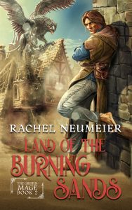 Illustrated fantasy cover design with griffin, male character portrait, layered composition and night city lights