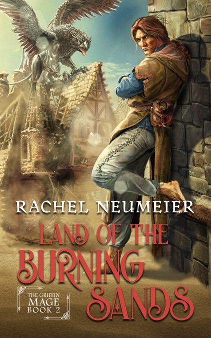 Illustrated fantasy cover design with griffin, male character portrait, layered composition and night city lights