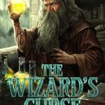 Fantasy illustrated cover design showing wizard holding glowing potion in alchemy workshop with books and bottles