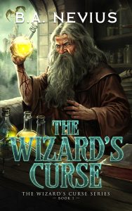 Fantasy illustrated cover design showing wizard holding glowing potion in alchemy workshop with books and bottles