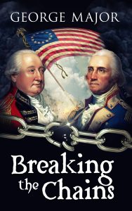 Historical fiction cover design with founding era portraits American flag and broken chains symbolism