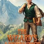 Fantasy illustrated cover design showing young mage apprentice with book standing on mountain landscape
