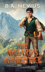 Fantasy illustrated cover design showing young mage apprentice with book standing on mountain landscape