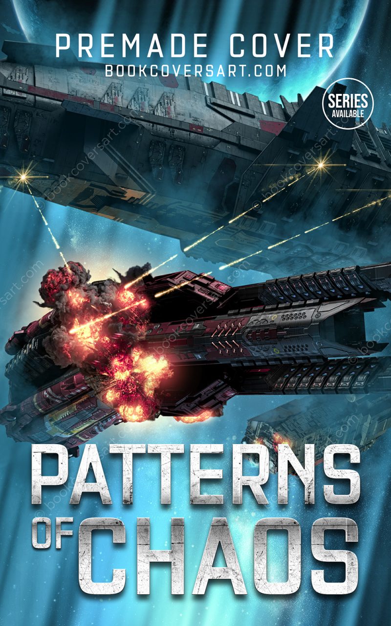 Military sci fi spaceship cover for sale with damaged starship exploding in space
