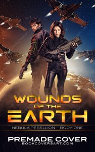 Military science fiction cover with two armed characters and spacecraft flying over a planet