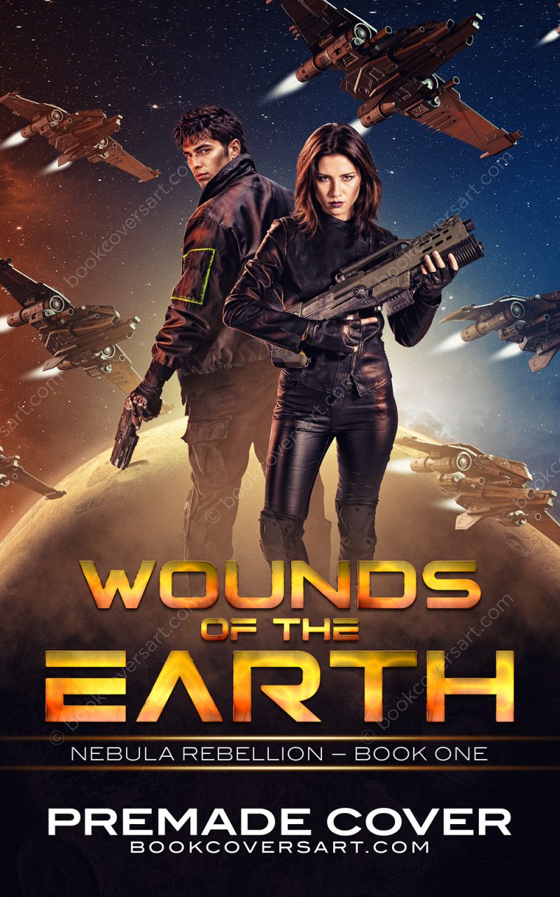 Military science fiction cover with two armed characters and spacecraft flying over a planet
