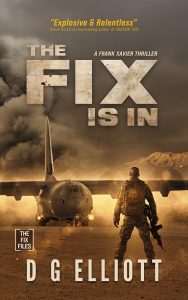 Military thriller cover design featuring armed soldier facing cargo aircraft in dusty desert scene