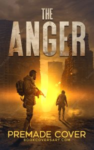 Post apocalyptic cover for sale with survivors in ruined city and bright light on horizon