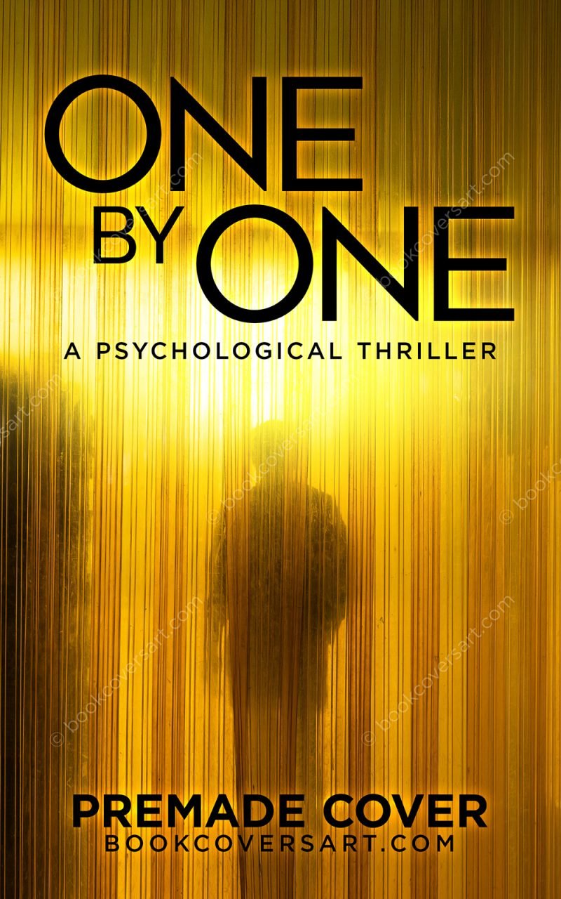Psychological thriller book cover for sale with silhouette behind textured glass and yellow light