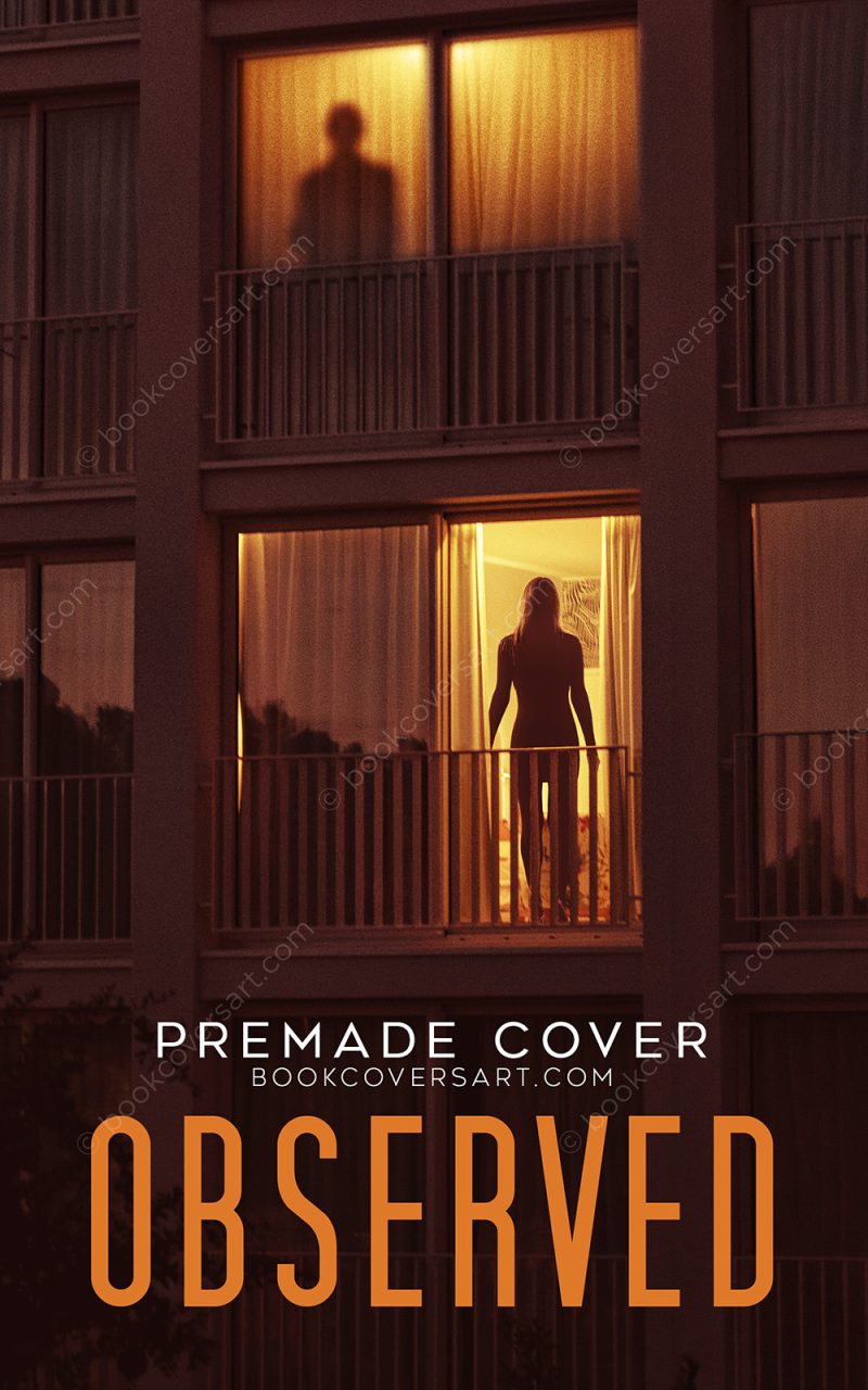 Psychological thriller book cover for sale with woman on balcony and shadow watching from window above