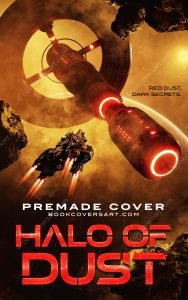 Sci fi book cover for sale with starship approaching large orbital space station in red dust orbit