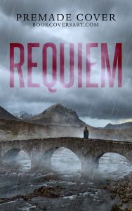 Mystery thriller cover with lone figure on stone bridge in heavy rain over river