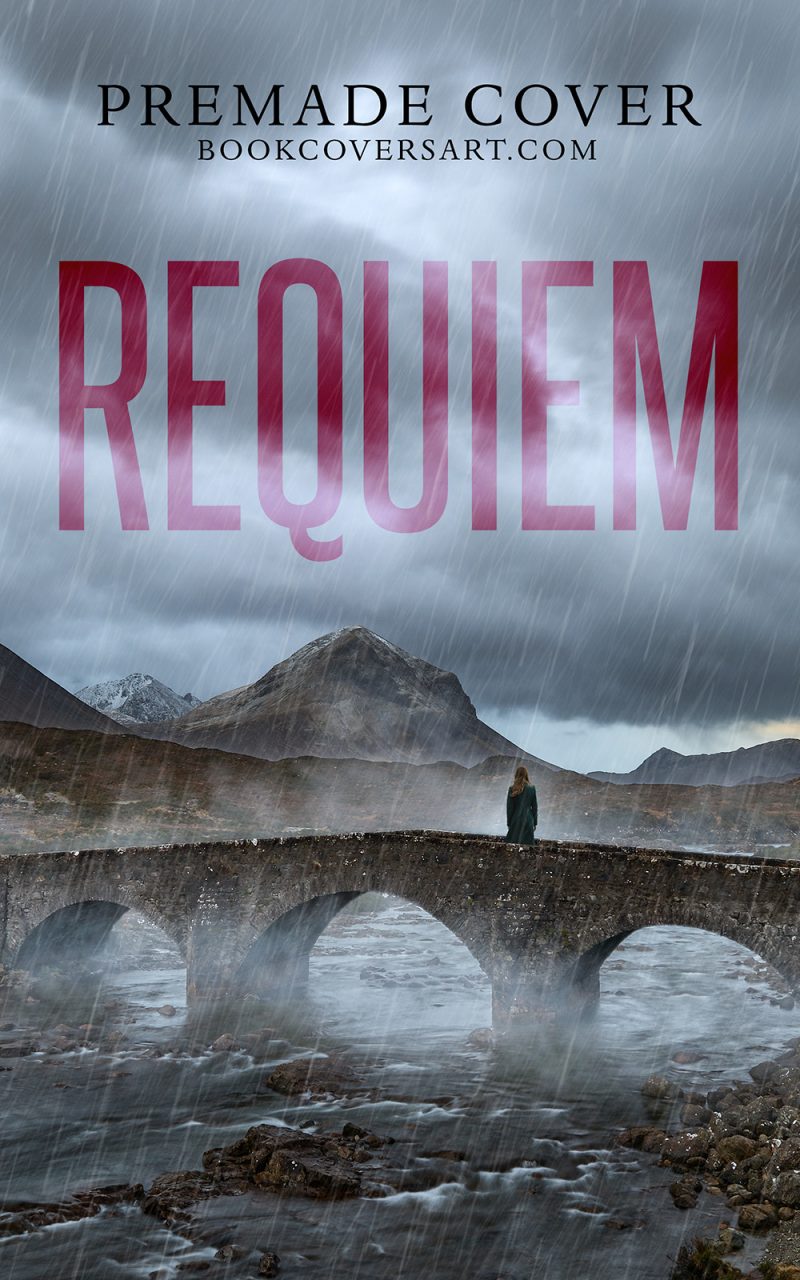 Mystery thriller cover with lone figure on stone bridge in heavy rain over river