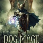 Fantasy illustration cover design featuring armored mage and giant monstrous dog creature