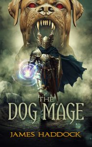 Fantasy illustration cover design featuring armored mage and giant monstrous dog creature