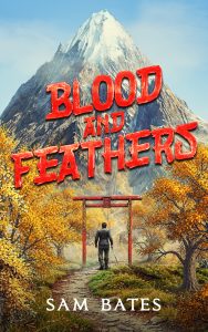 Fantasy illustration cover design with lone warrior torii gate and mountain landscape