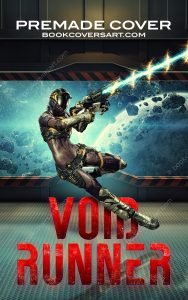 Female sci fi cover with armored woman firing futuristic weapon inside space station