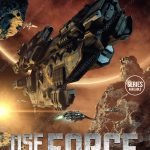 Space fleet cover with large battleship and escort fighters traveling through asteroid field