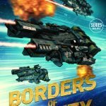 Military space battle cover with armed warships firing lasers during fleet combat in deep space