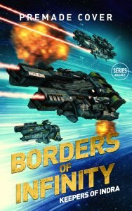 Military space battle cover with armed warships firing lasers during fleet combat in deep space