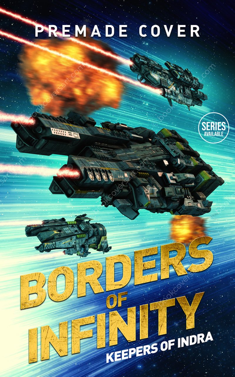 Military space battle cover with armed warships firing lasers during fleet combat in deep space