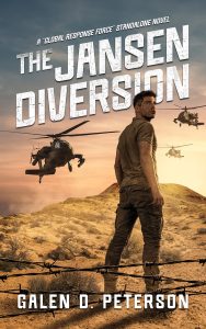 Military thriller cover design showing a man in a desert with helicopters and barbed wire.