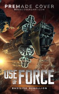 Space fleet cover with large battleship and escort fighters traveling through asteroid field