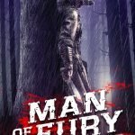 Western fantasy cover design with lone hunter in rainy forest holding knife
