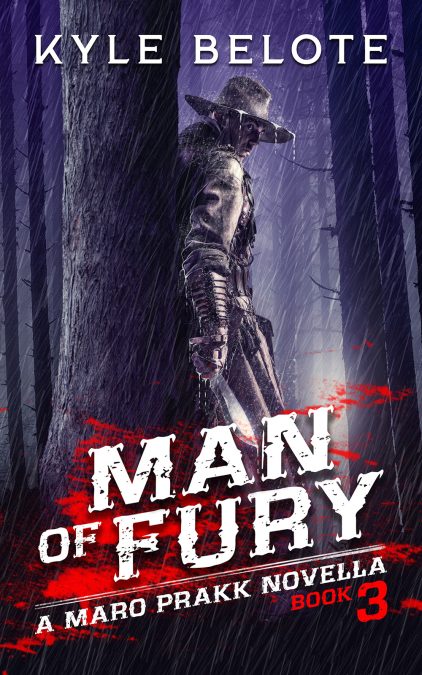 Western fantasy cover design with lone hunter in rainy forest holding knife