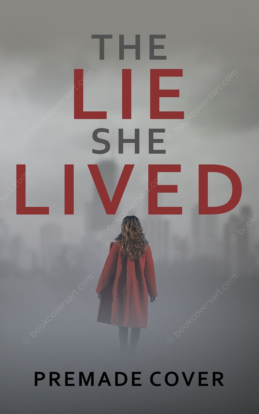 Psychological thriller book cover depicting a woman in a red coat from behind looking at a foggy city skyline silhouette.