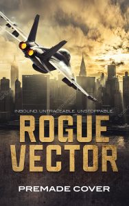 An espionage action thriller cover displaying a military fighter jet flying over a city skyline at sunset