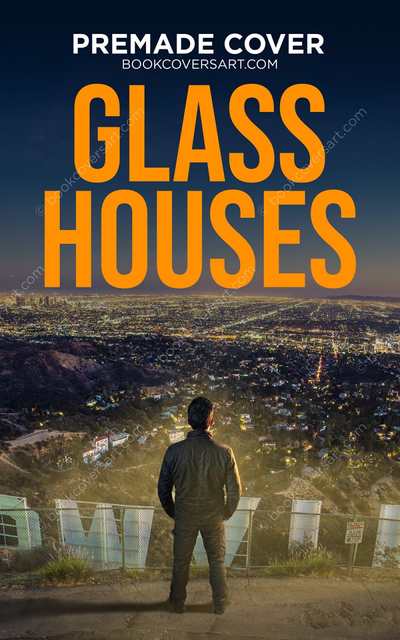Los Angeles thriller cover showing a solitary man above the Hollywood sign overlooking the city lights