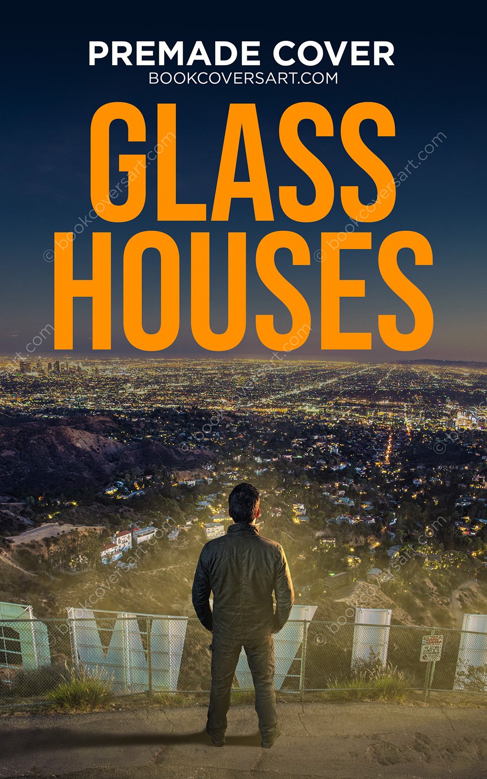 Los Angeles thriller cover showing a solitary man above the Hollywood sign overlooking the city lights