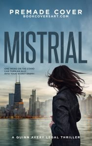 A woman in a dark jacket overlooking a city skyline near water on a legal thriller book cover