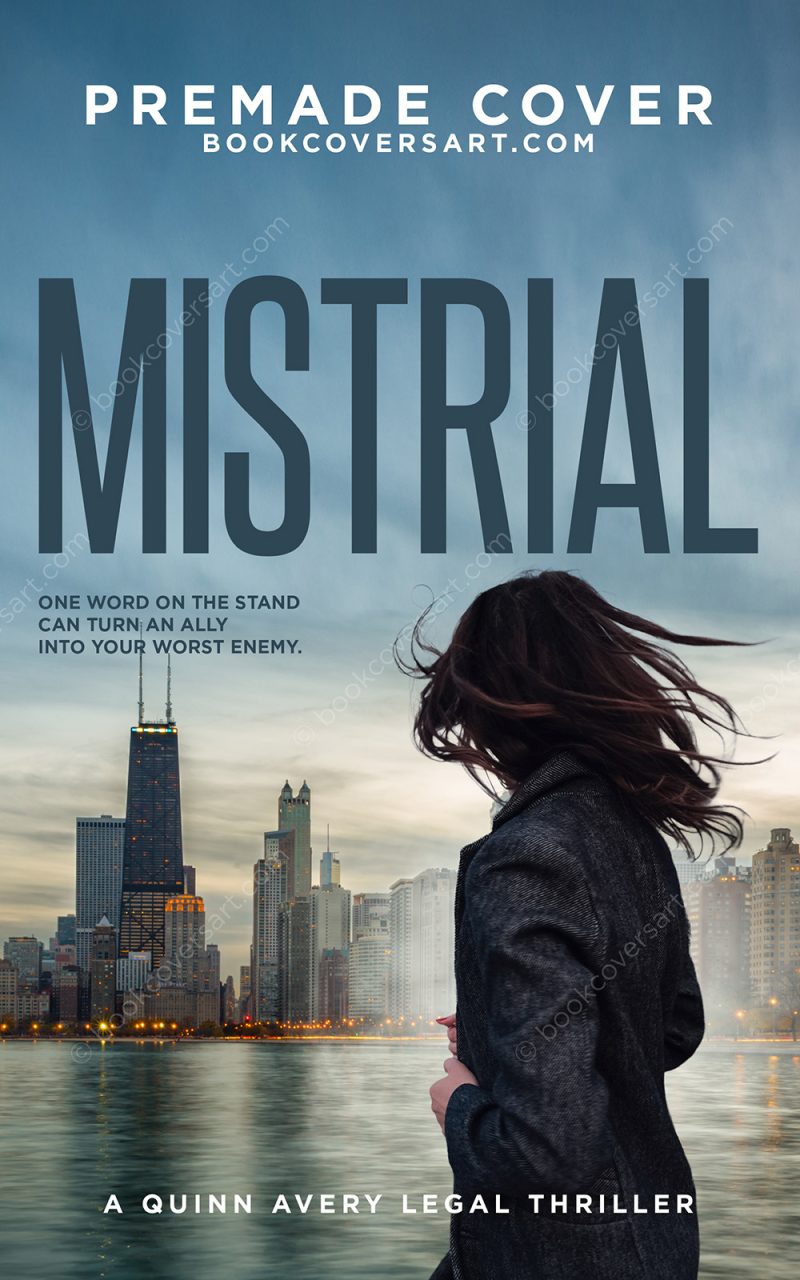 A woman in a dark jacket overlooking a city skyline near water on a legal thriller book cover
