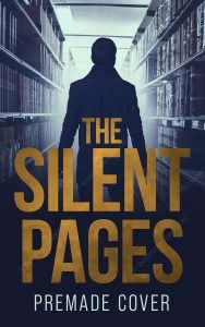 Library mystery cover showing a solitary figure standing between bookshelves in a dramatic archive corridor