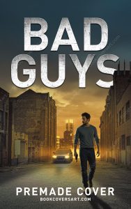 Crime thriller cover with armed man walking through an empty city street at dusk