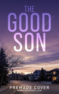 Suburban thriller book cover depicting quiet neighborhood houses under a dramatic purple twilight sky