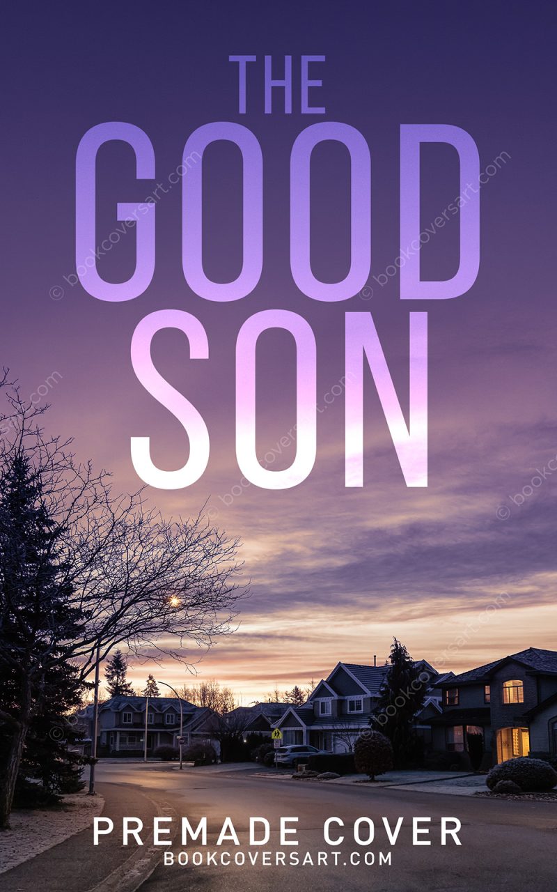 Suburban thriller book cover depicting quiet neighborhood houses under a dramatic purple twilight sky
