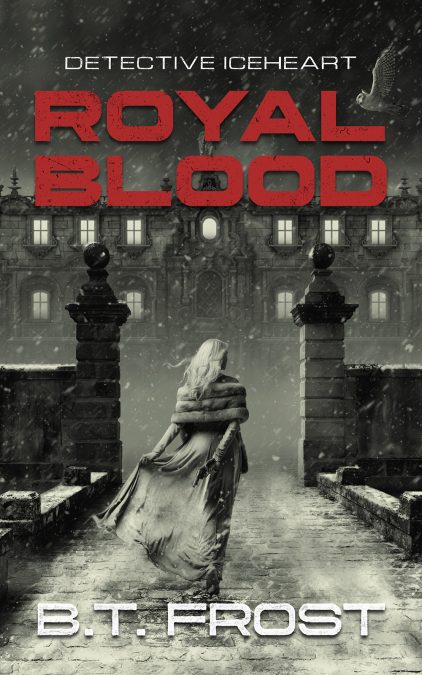 Urban fantasy cover design featuring a white haired woman with a concealed firearm walking through snow toward a gothic stone building.