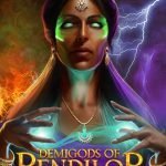 Epic fantasy cover design featuring a dark witch with glowing green eyes and elemental magic surrounded by fire and lightning.