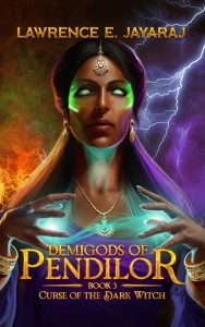 Epic fantasy cover design featuring a dark witch with glowing green eyes and elemental magic surrounded by fire and lightning.