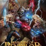 Epic fantasy cover design featuring three warriors confronting a towering demon with glowing magical energy beneath a stormy mountain.