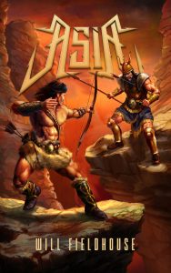 Heroic fantasy cover design featuring two warriors facing each other across a fiery rocky canyon in a digital illustration.