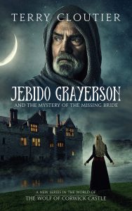 Historical fantasy cover design featuring a hooded elder, medieval manor, crescent moon and mysterious woman beside a lake.