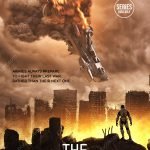 Military Space Opera Book Cover showing a crashing starship above a ruined city and an armored soldier