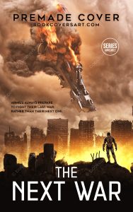 Military Space Opera Book Cover showing a crashing starship above a ruined city and an armored soldier