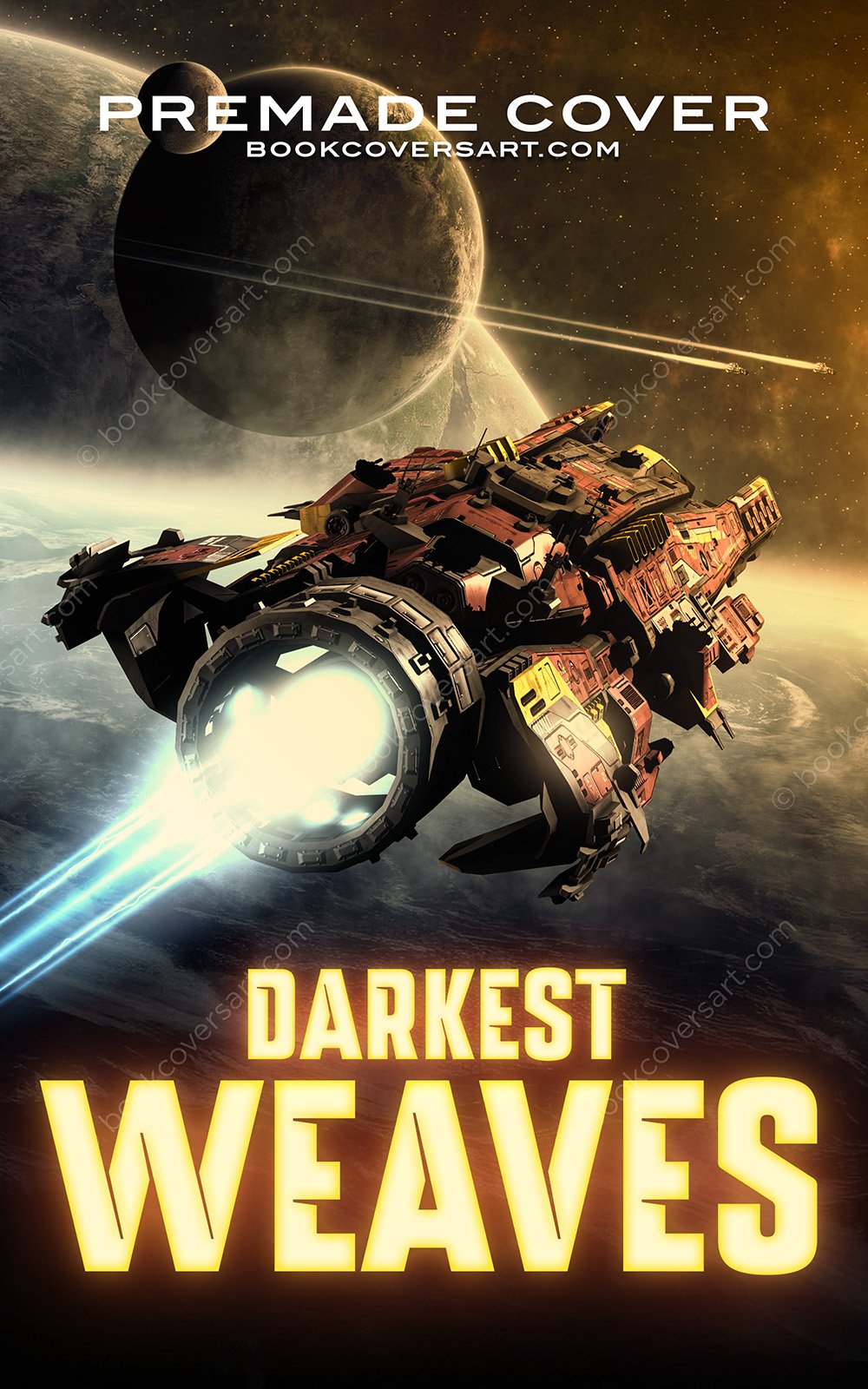 Space Opera Book Cover featuring a futuristic spacecraft flying above massive planets in deep space